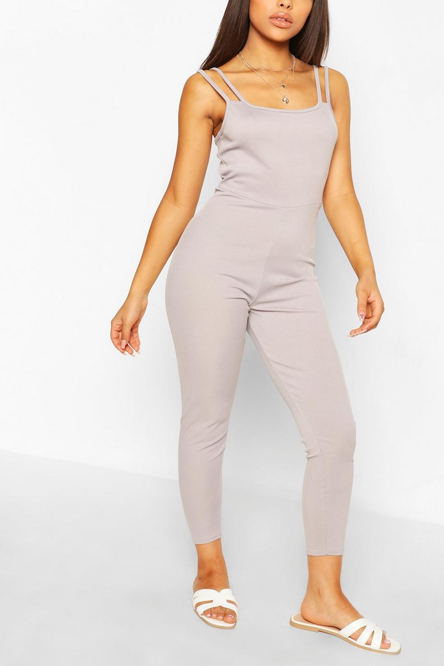 Grey Petite Strap Detail Fitted Rib Jumpsuit image number 1
