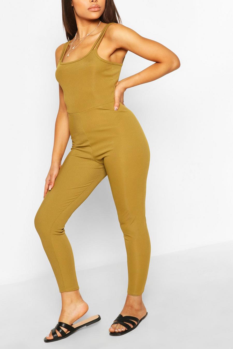 Olive green Petite Strap Detail Fitted Rib Jumpsuit image number 1