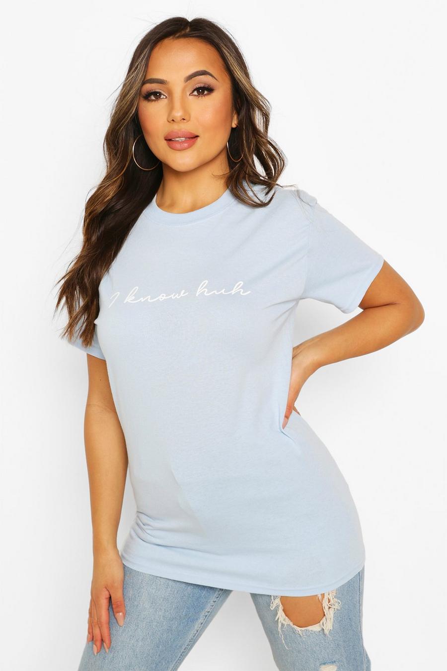 Petite T-shirt con slogan “I Know Huh”, Azzurro chiaro image number 1