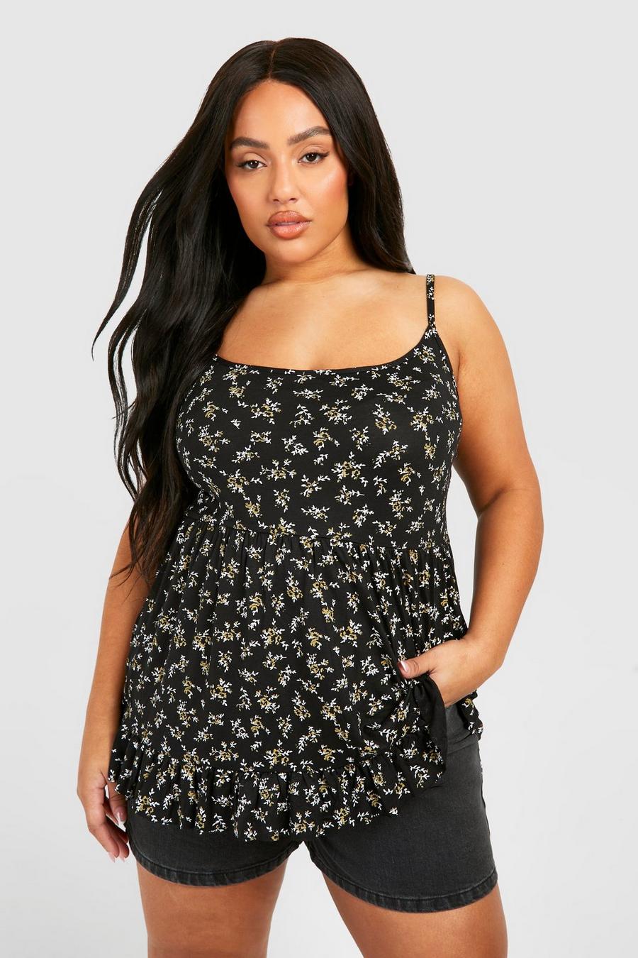 Black Plus Ditsy Floral Tiered Smock Cami Top image number 1