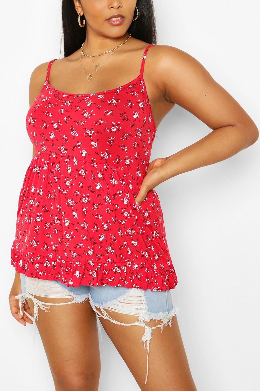 Red Plus Ditsy Floral Tiered Smock Cami Top image number 1