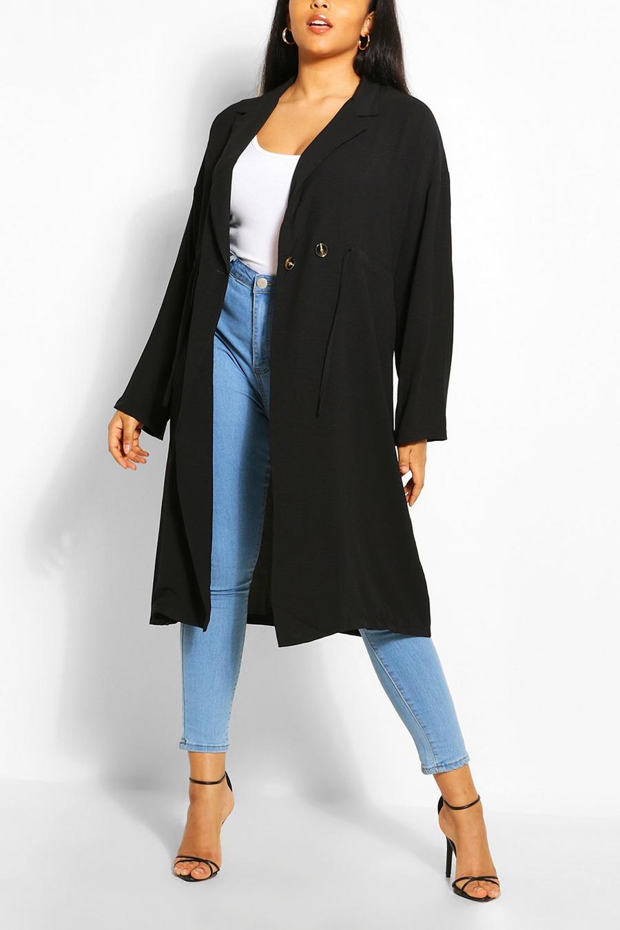 Black Plus Double Breasted Drawstring Waist Duster Coat image number 1