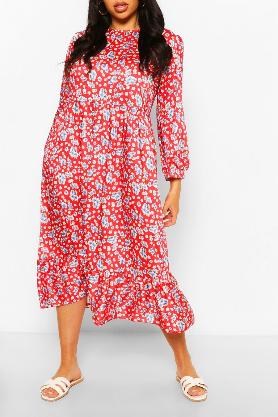 Red Plus Floral Tiered Midi Smock Dress image number 1