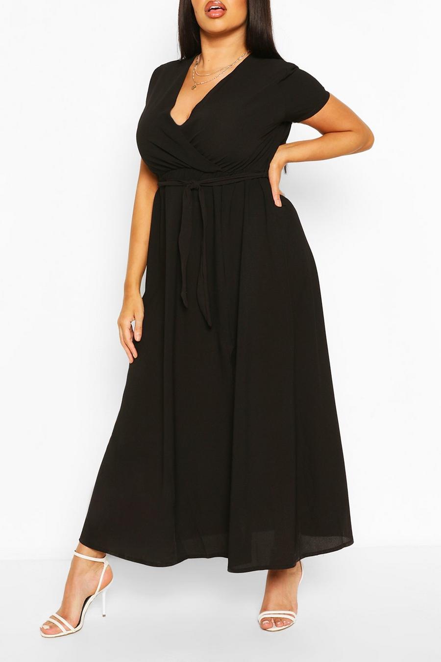 Black noir Plus Wrap Cap Sleeve Maxi Dress