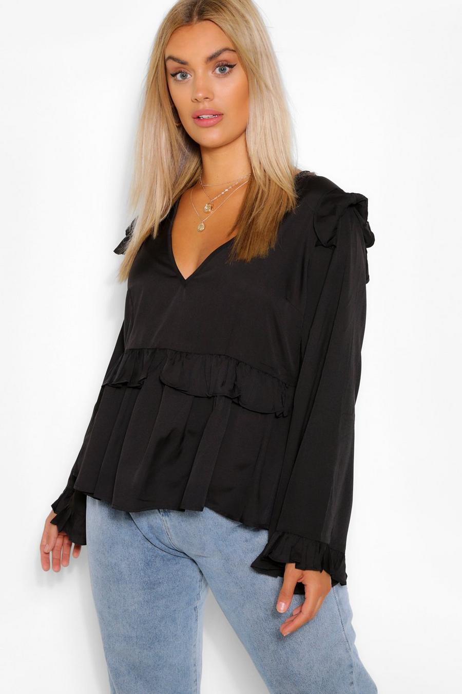 Black Plus Woven Ruffle Wide Sleeve Smock Top image number 1