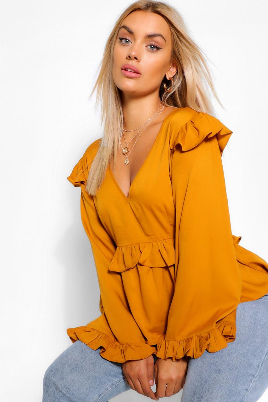 Mustard Plus Woven Ruffle Wide Sleeve Smock Top image number 1