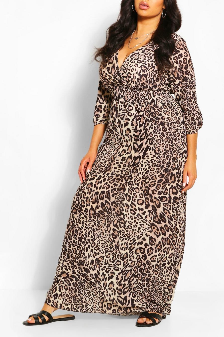Brown Plus Leopard Print Shirred Waist Wrap Maxi Dress image number 1