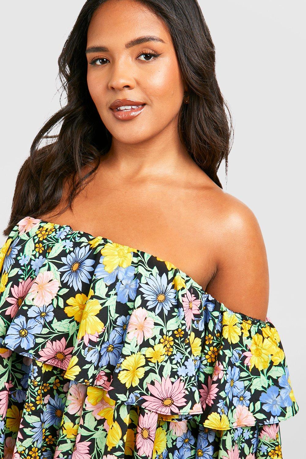 Plus Woven Ruffle Floral Off Shoulder Top