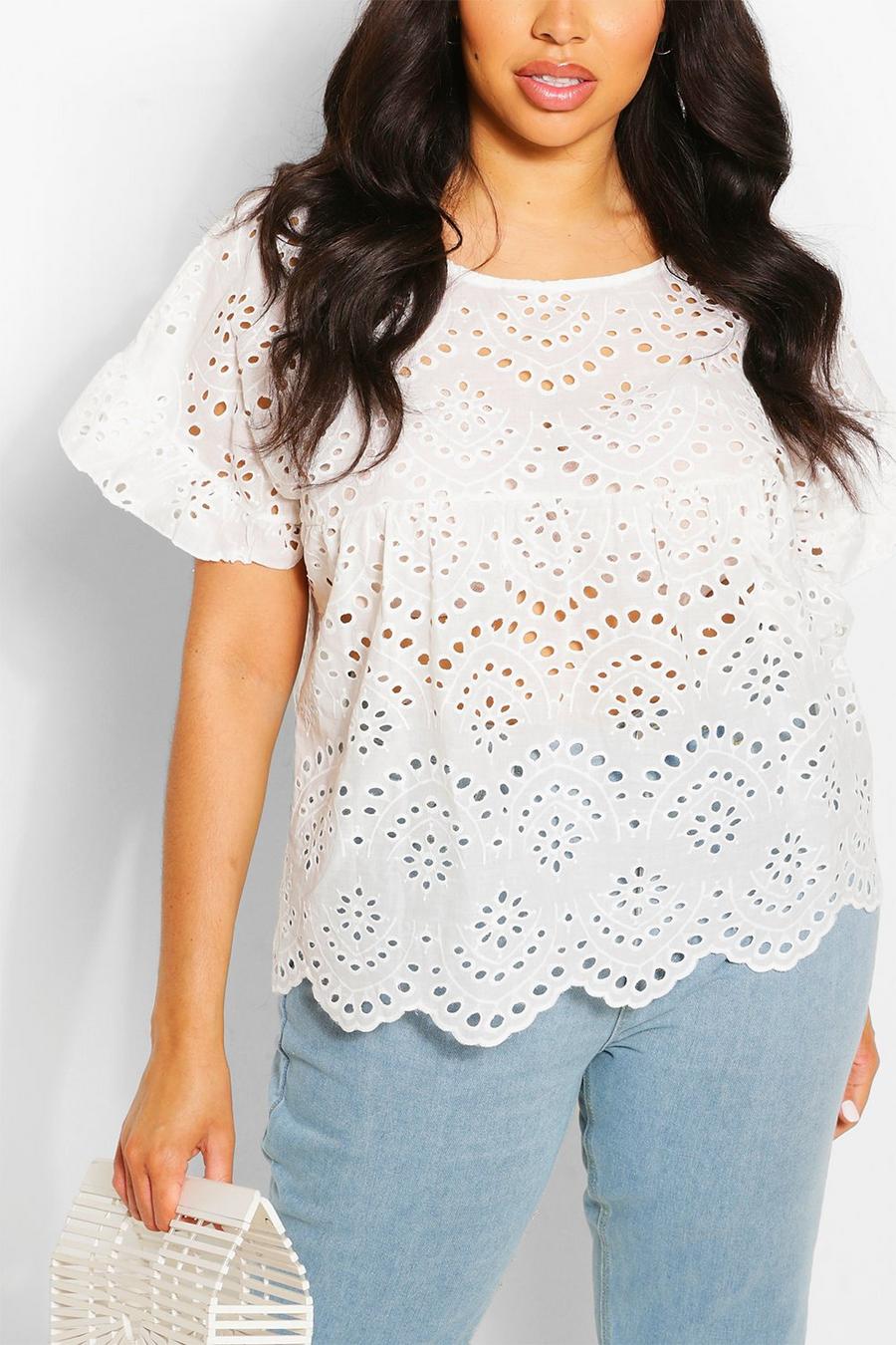 Grande taille - Top smocké à broderie anglaise, Blanc