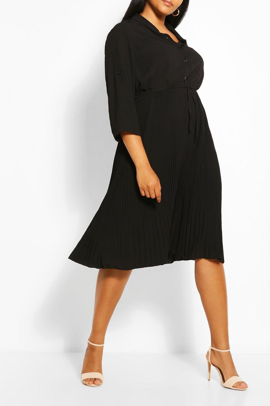 Black Plus Pleated Tie Detail Midi Shirt Dress image number 1