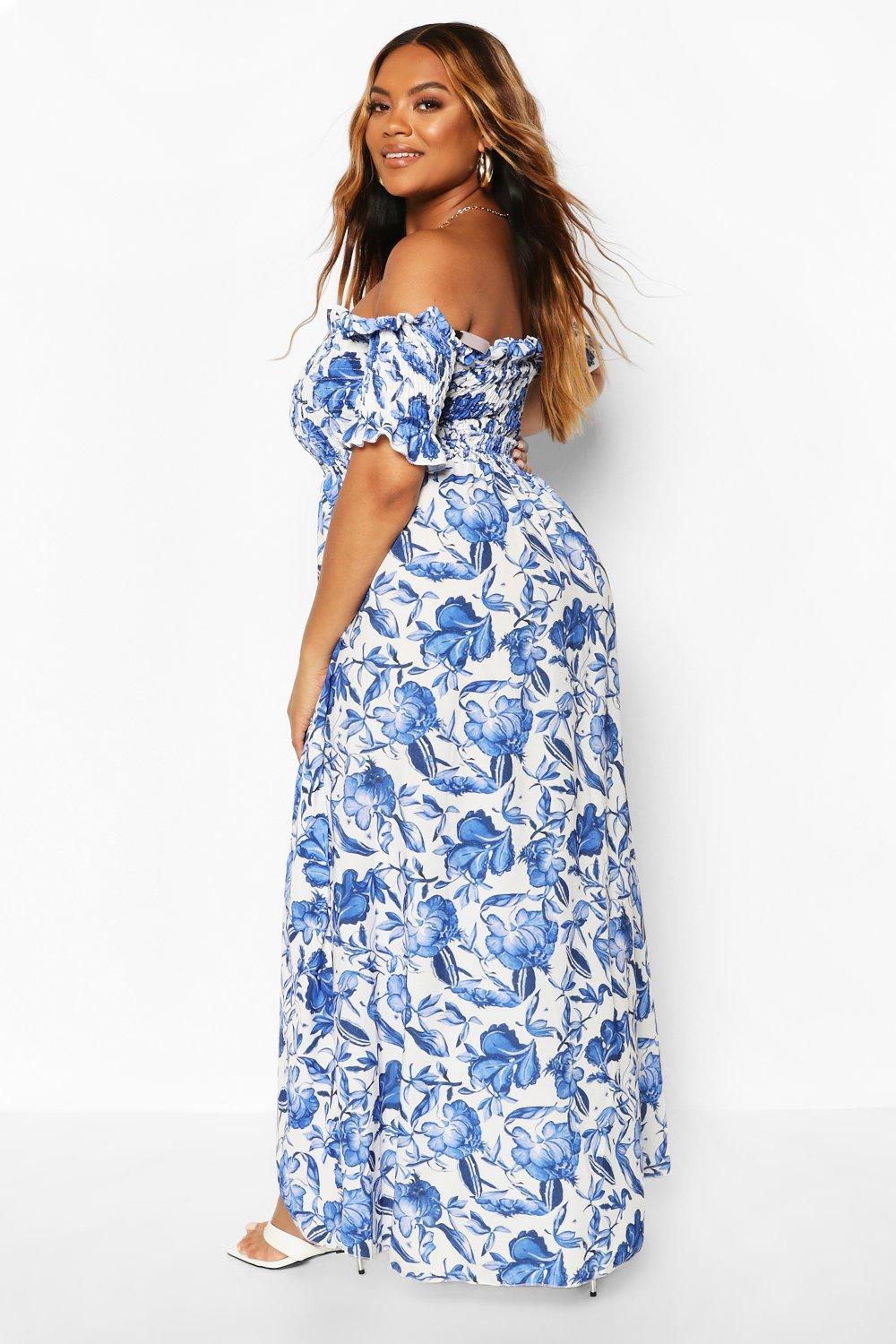 Blue floral off clearance the shoulder maxi dress