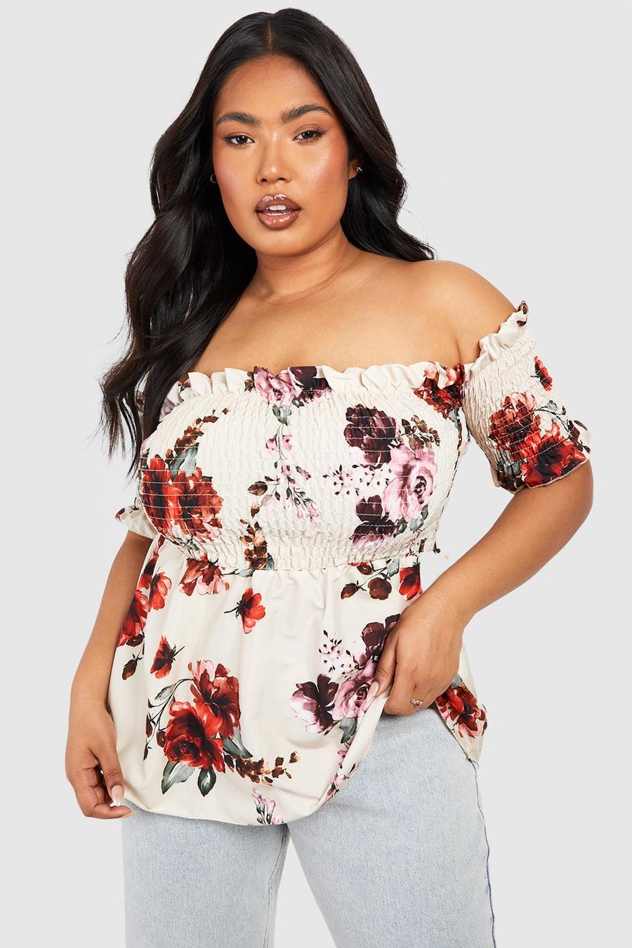 Ivory white Plus Floral Print Off The Shoulder Top image number 1