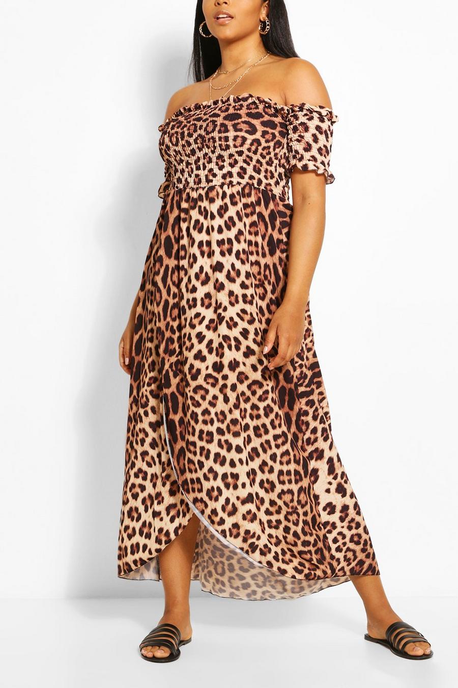 Vestito maxi Plus Size con stampa leopardata e spalle scoperte, Marrone image number 1