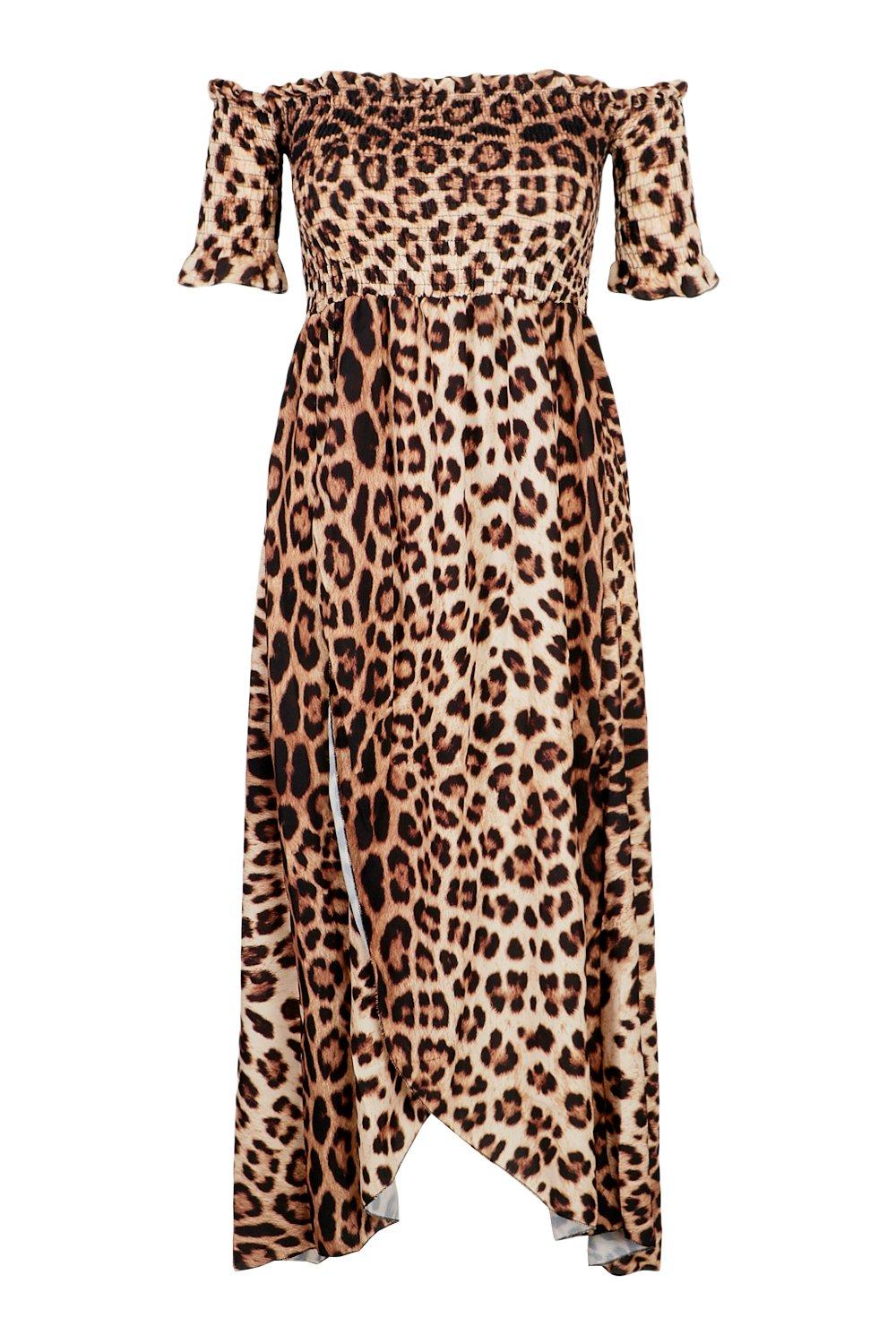 off shoulder animal print dress