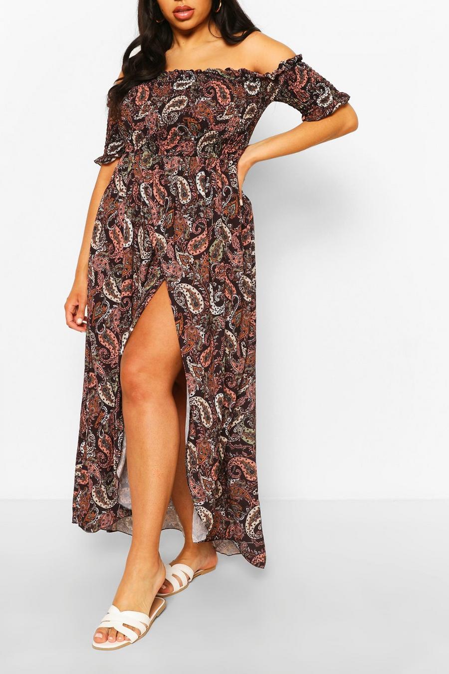 Plusmaat maxi-jurk met paisleyprint en blote schouder image number 1