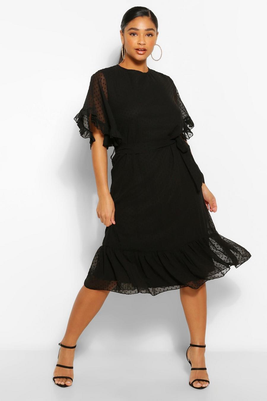 Black Plus Dobby Mesh Angel Sleeve Midi Dress image number 1