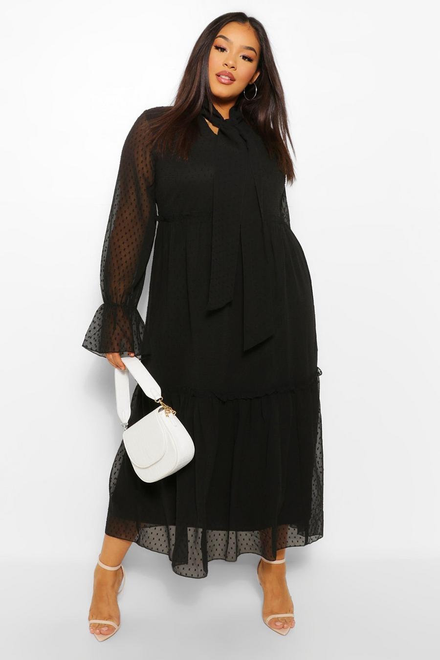 Plus Gestuftes Midaxi-Kleid aus Dobby-Mesh mit Schleife, Schwarz image number 1