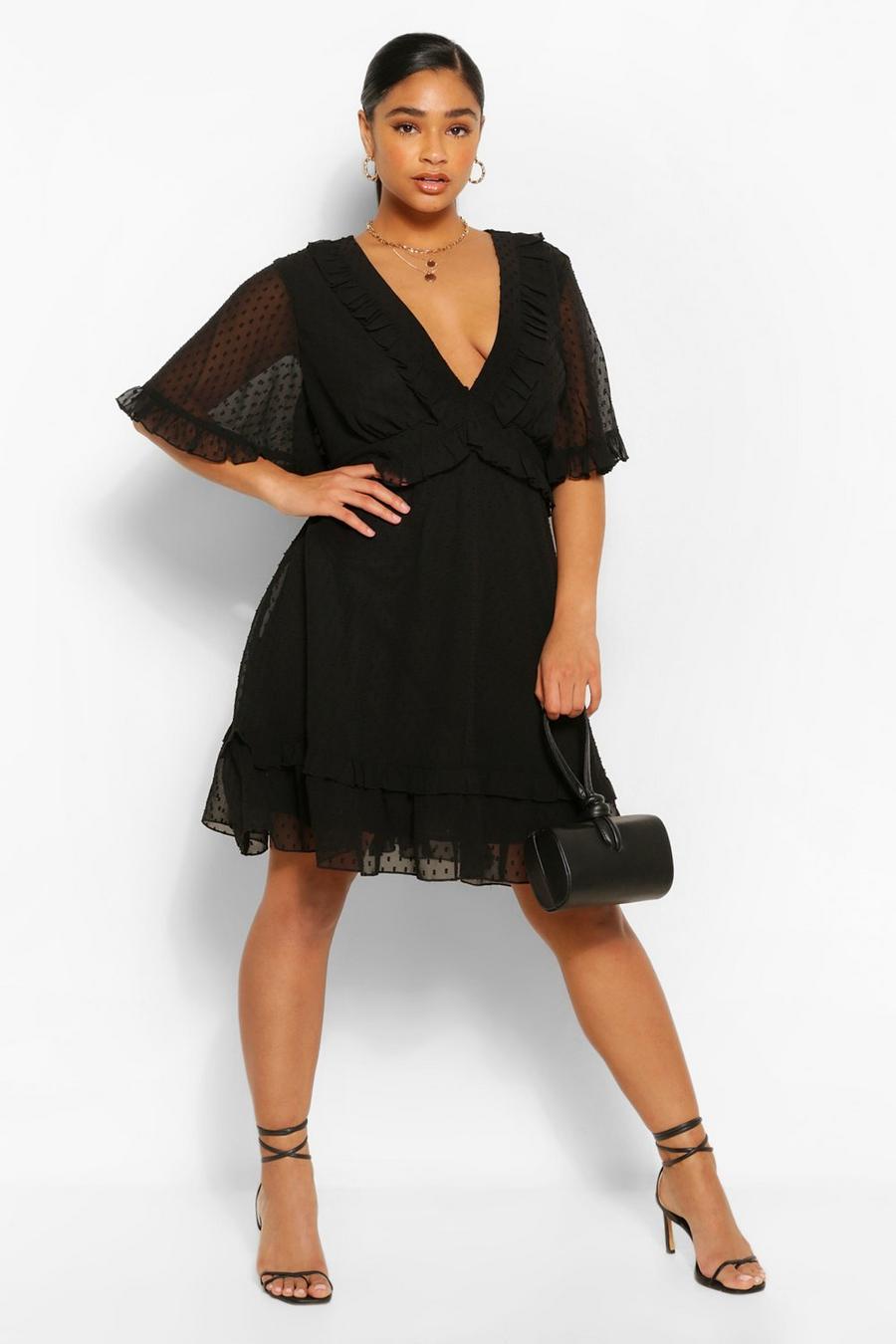 שחור שמלת סקייטר עם מלמלה מרשת דובי עם שרוולי מלאך מידות גדולות  image number 1