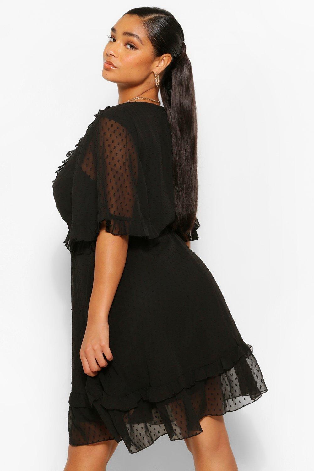 Black dobby mesh 2025 ruffle skater dress