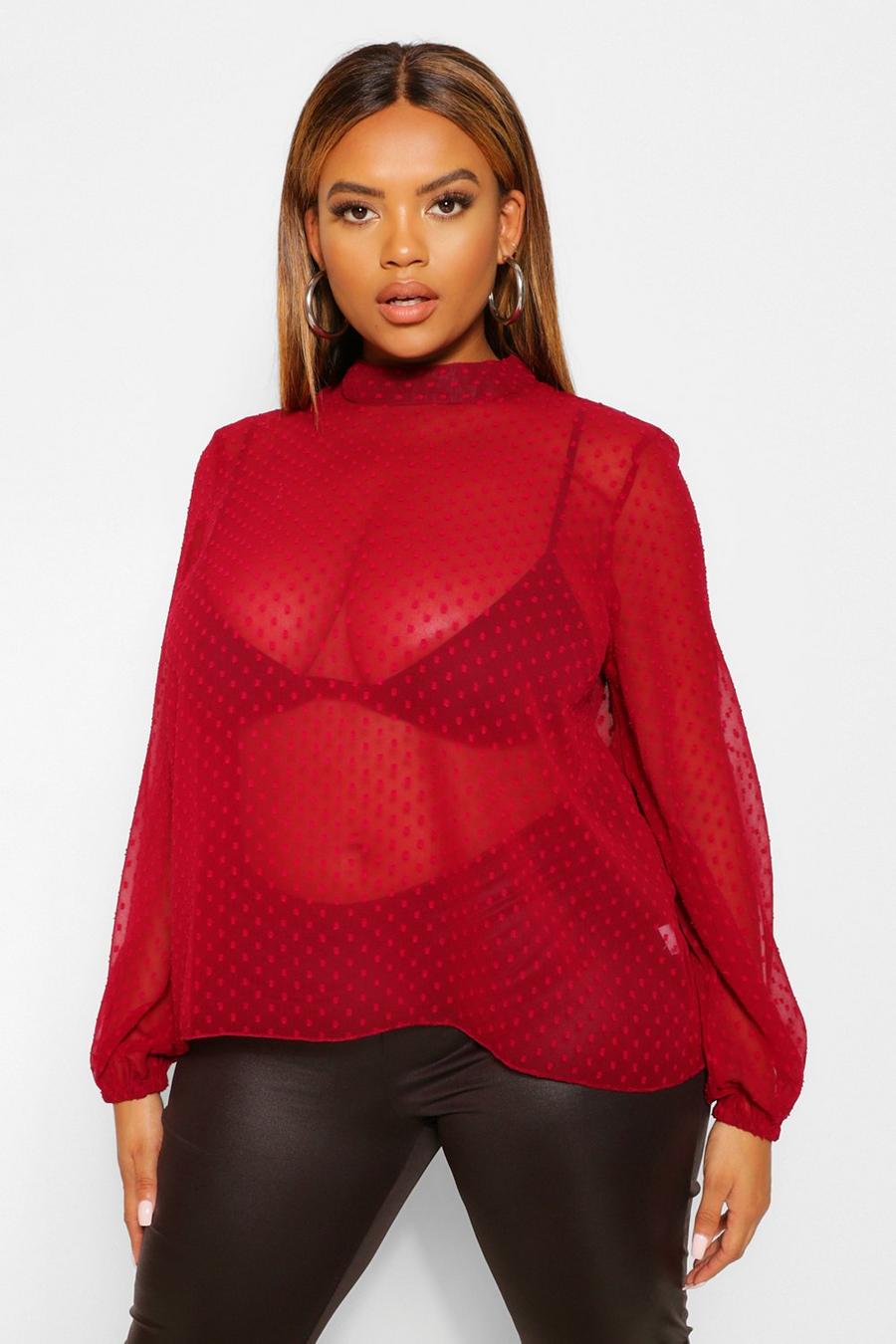 Blusa Plus Size in rete plumetis con collo alto, Vinaccia rosso