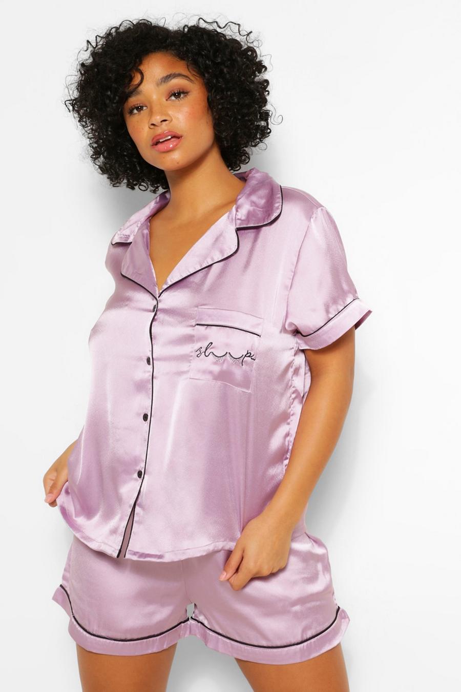 Lilac Plus 'Sleep' Slogan Piping Detail Satin Shirt & Shorts Pyjama Set image number 1