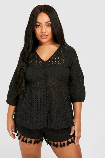 Plus Eyelet Puff Sleeve Smock Top black