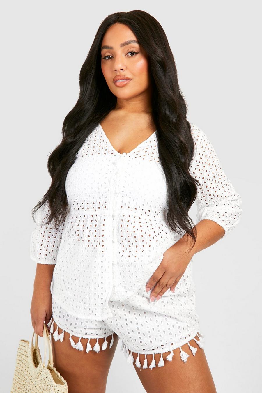White vit Plus Broderie Puff Sleeve Smock Top image number 1