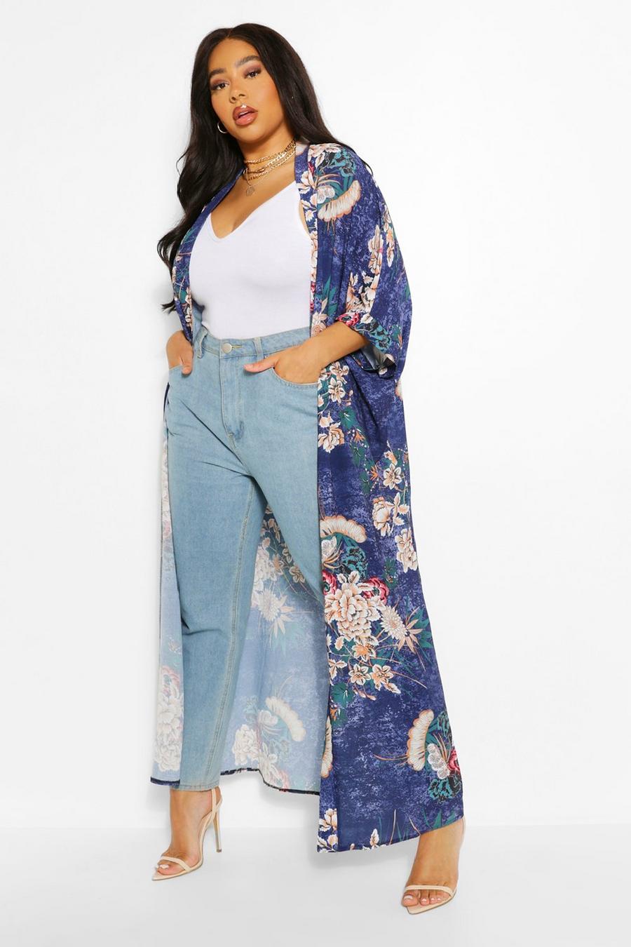 Plus Maxi-Kimono mit orientalischem Blumenmuster, Marineblau image number 1