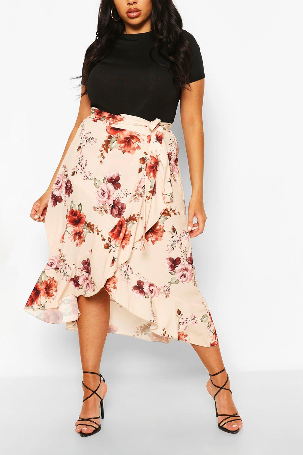 wrap ruffle midi skirt