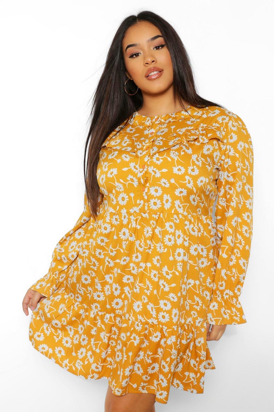 Mustard yellow Plus Woven Floral Ruffle Skater Dress image number 1