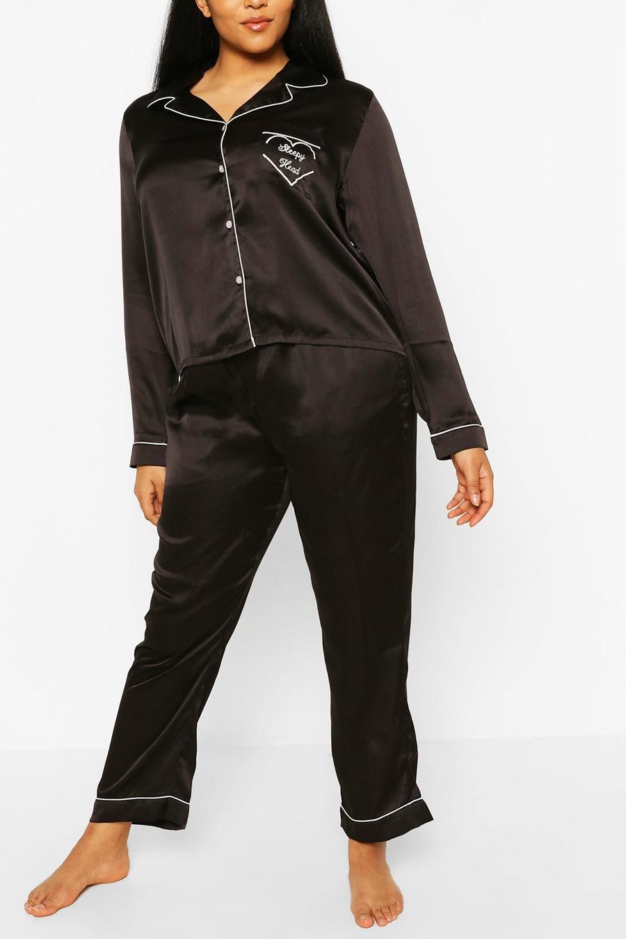 Plus Pyjama aus Satin mit „Sleepyhead“-Print und Hose, Schwarz image number 1