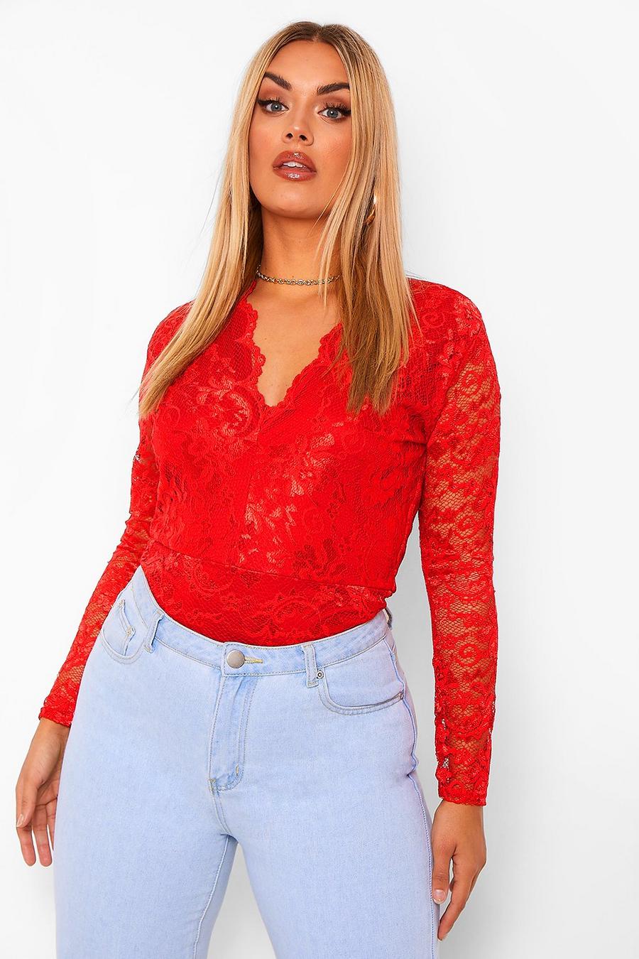 Red Plus Long Sleeve Lace Bodysuit image number 1
