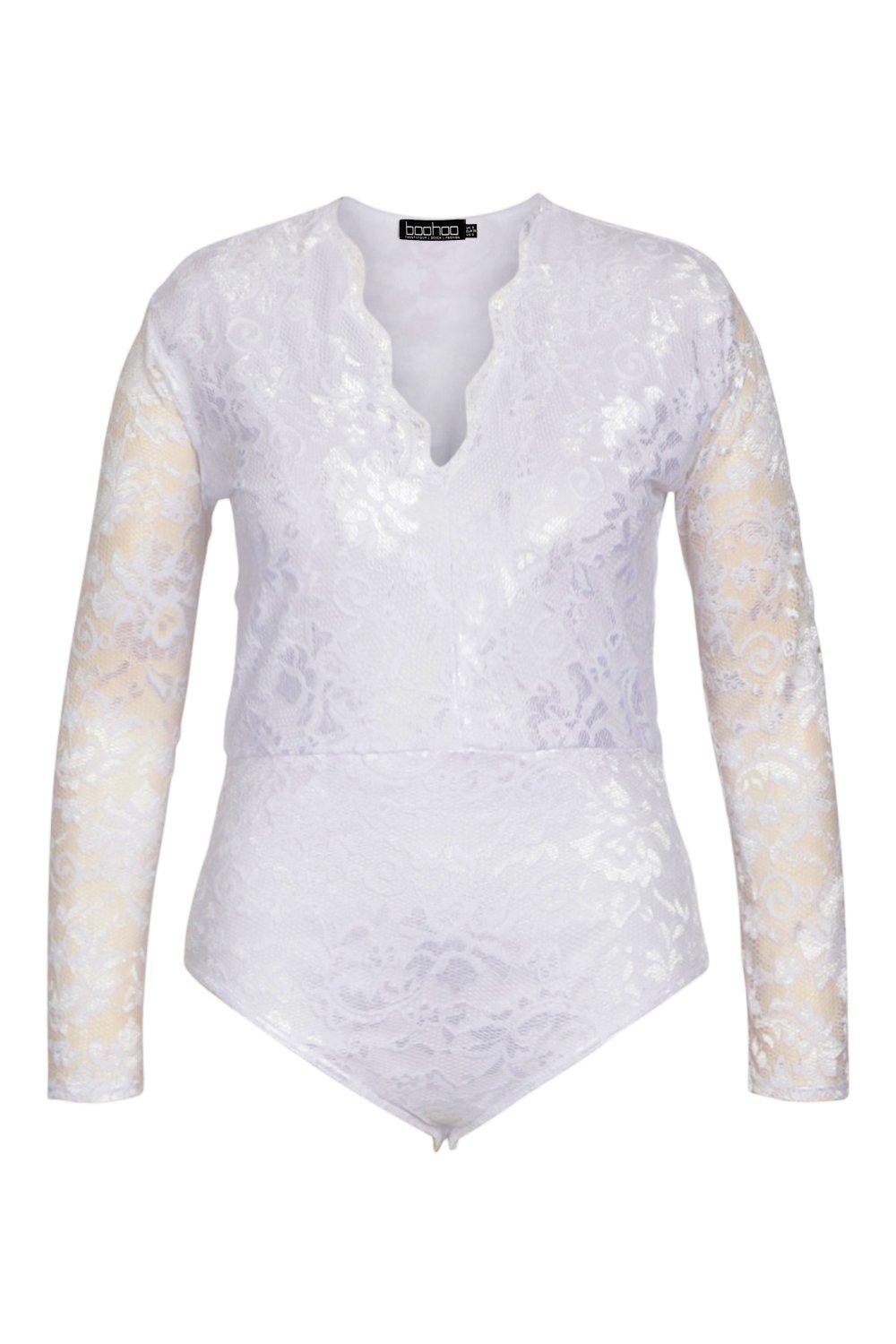 white lace long sleeve bodysuit plus size