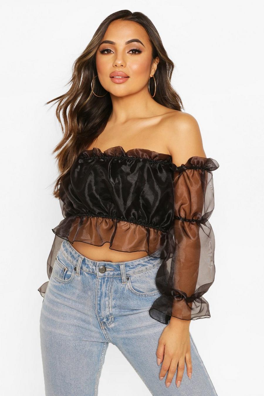 Petite Schimmerndes Crop Top aus Organza mit Bardot-Ausschnitt, Schwarz image number 1