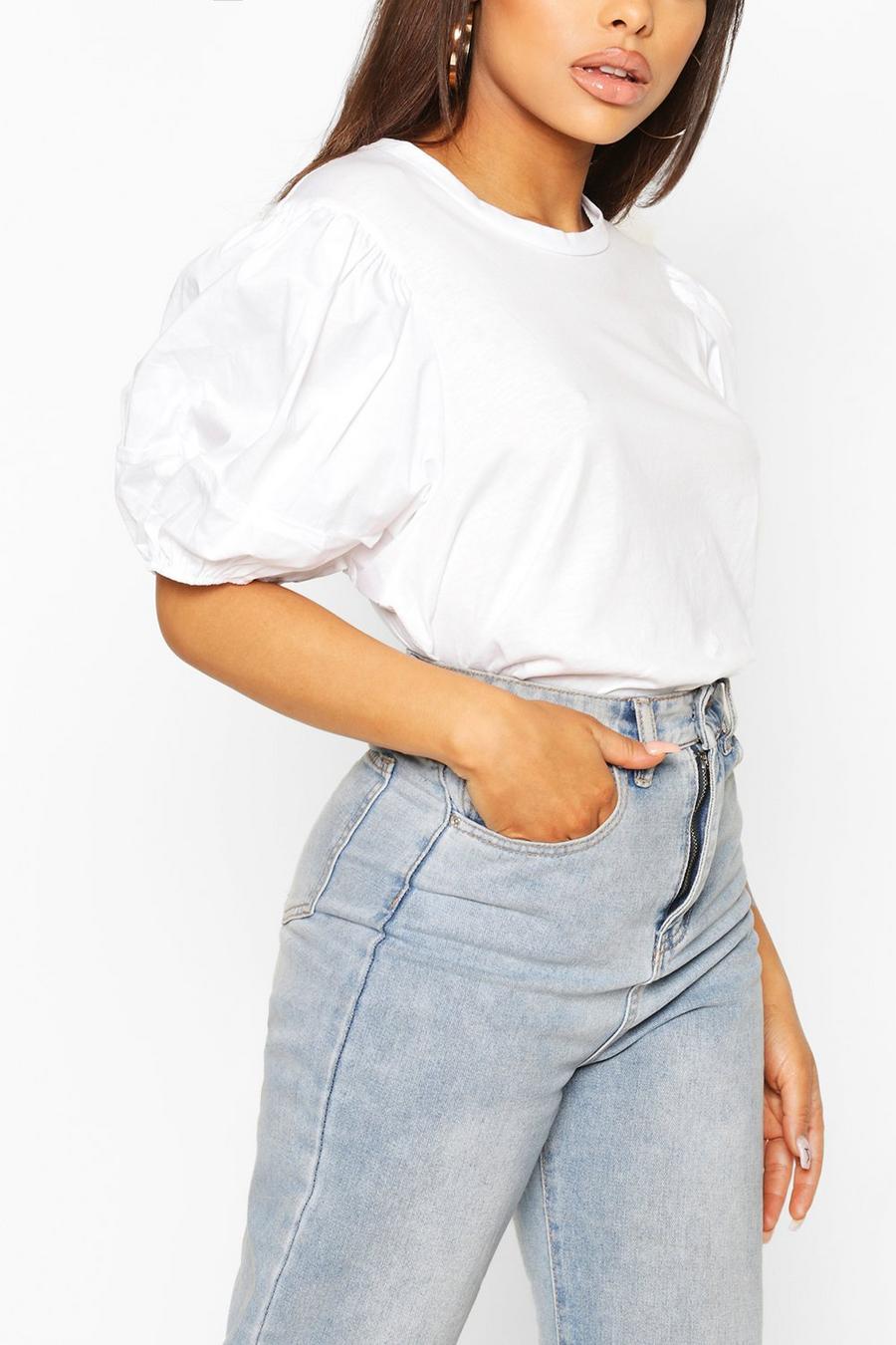 White Petite T-Shirt With Woven Volume Sleeve image number 1