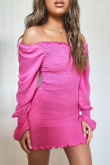 Pink Petite Puff Sleeve Shirred Mini Dress