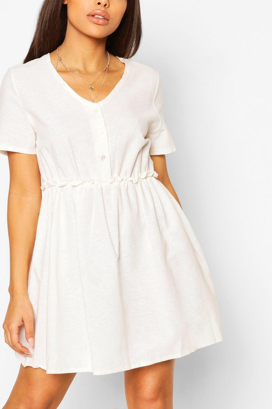 Ecru Petite Linen Look Button Through Smock Dress image number 1