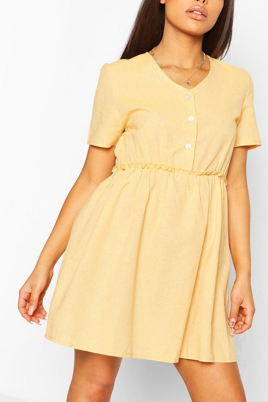 Mustard gul Petite Linen Button Through Smock Dress