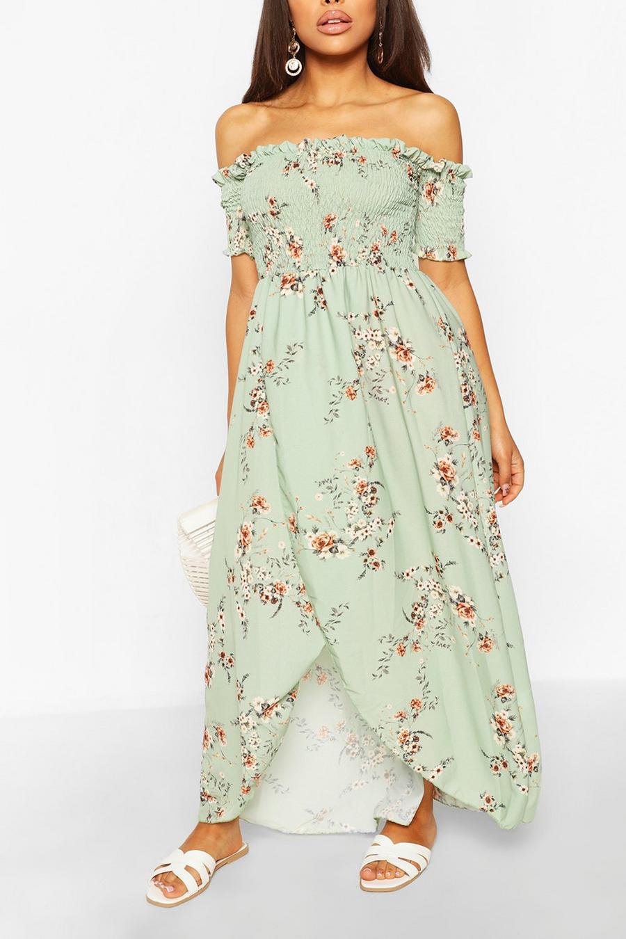 Sage grön Petite Floral Shirred Wrap Front Maxi Dress