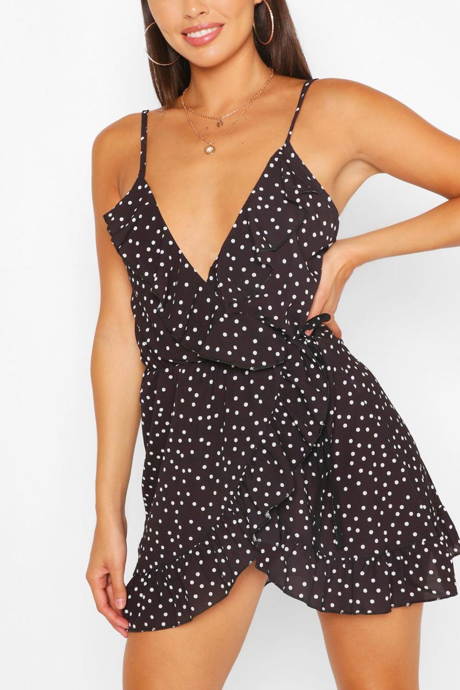 Black Petite Polka Dot Strappy Wrap Dress image number 1