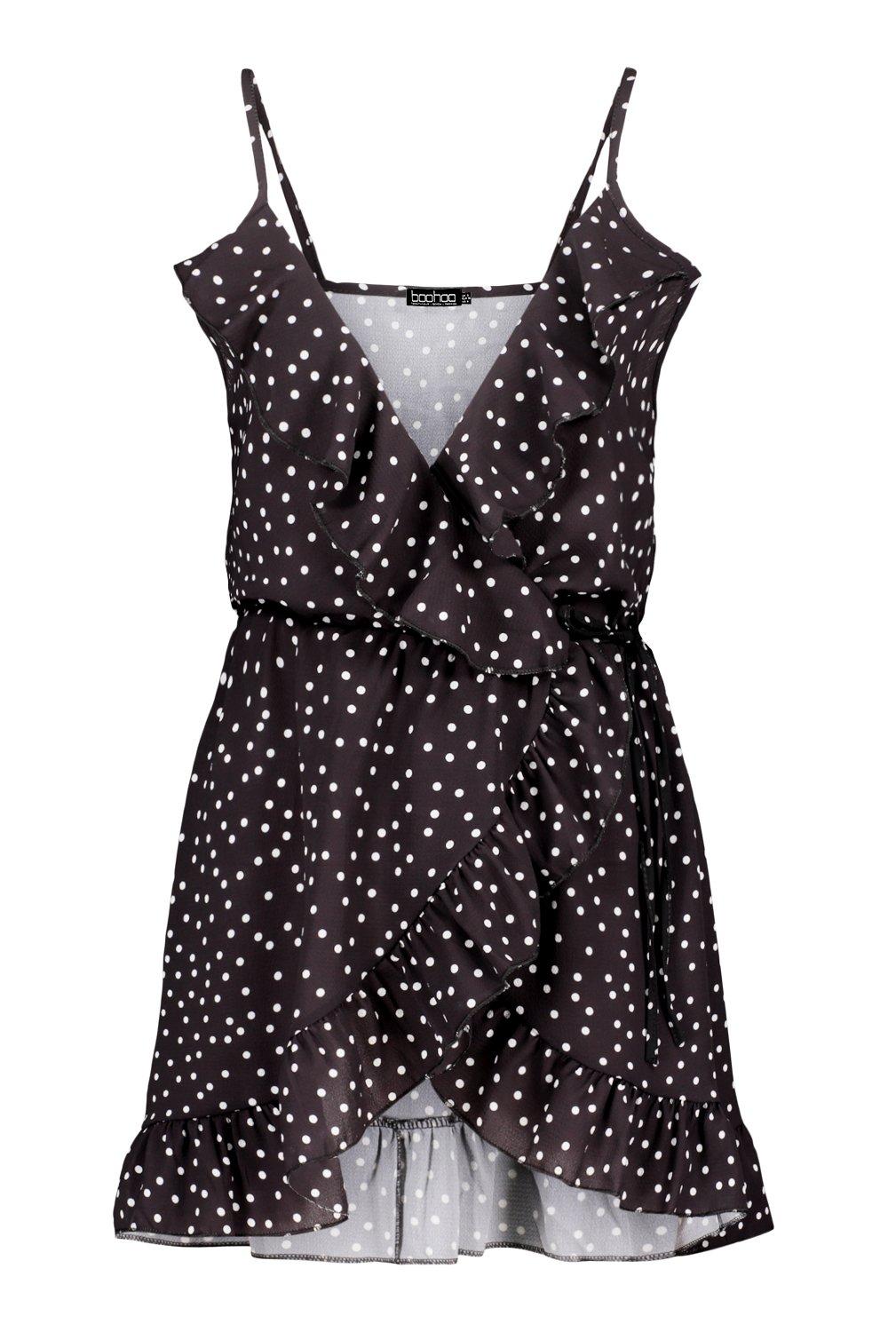 Petite Polka Dot Strappy Wrap Dress boohoo