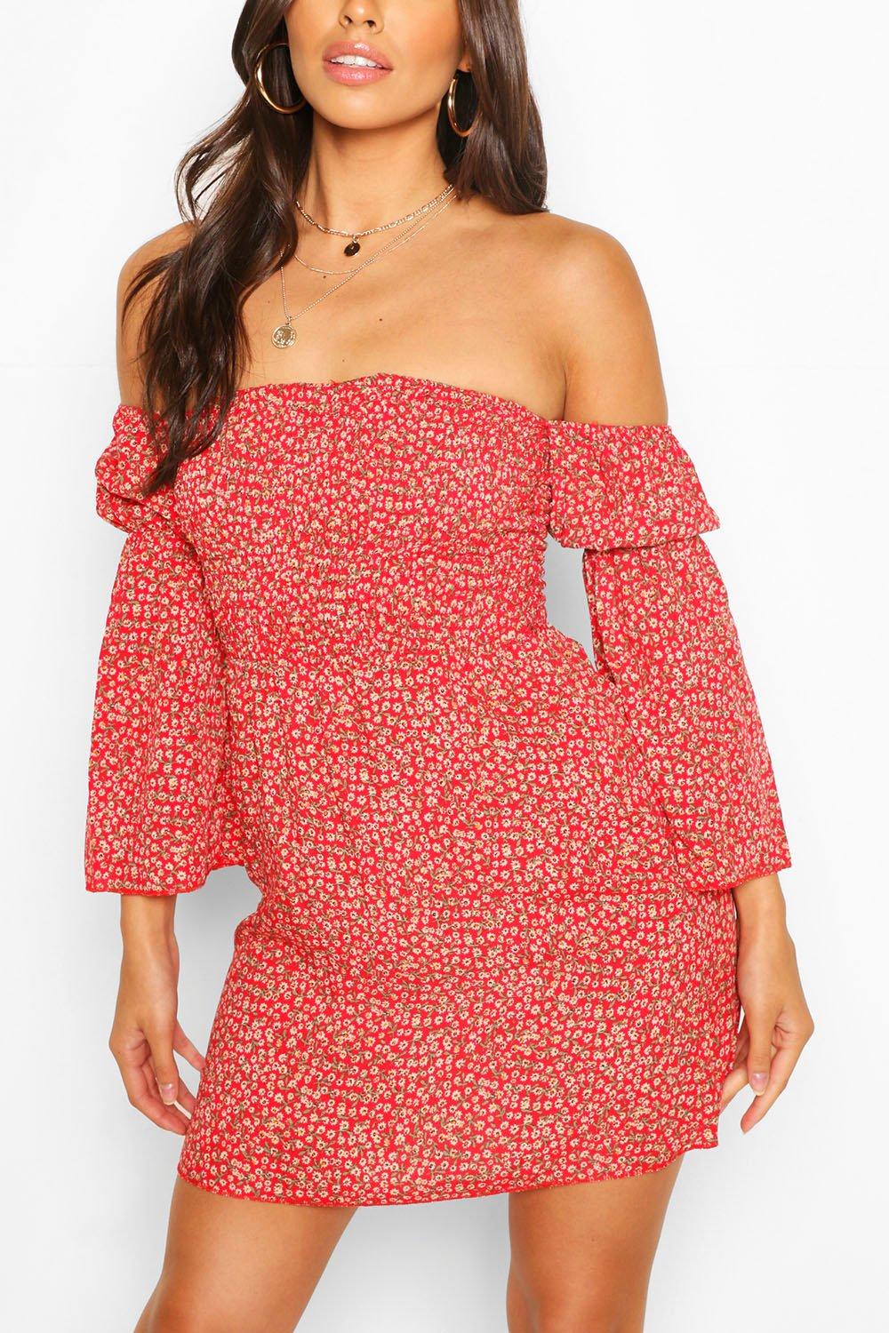 boohoo floral off the shoulder dress