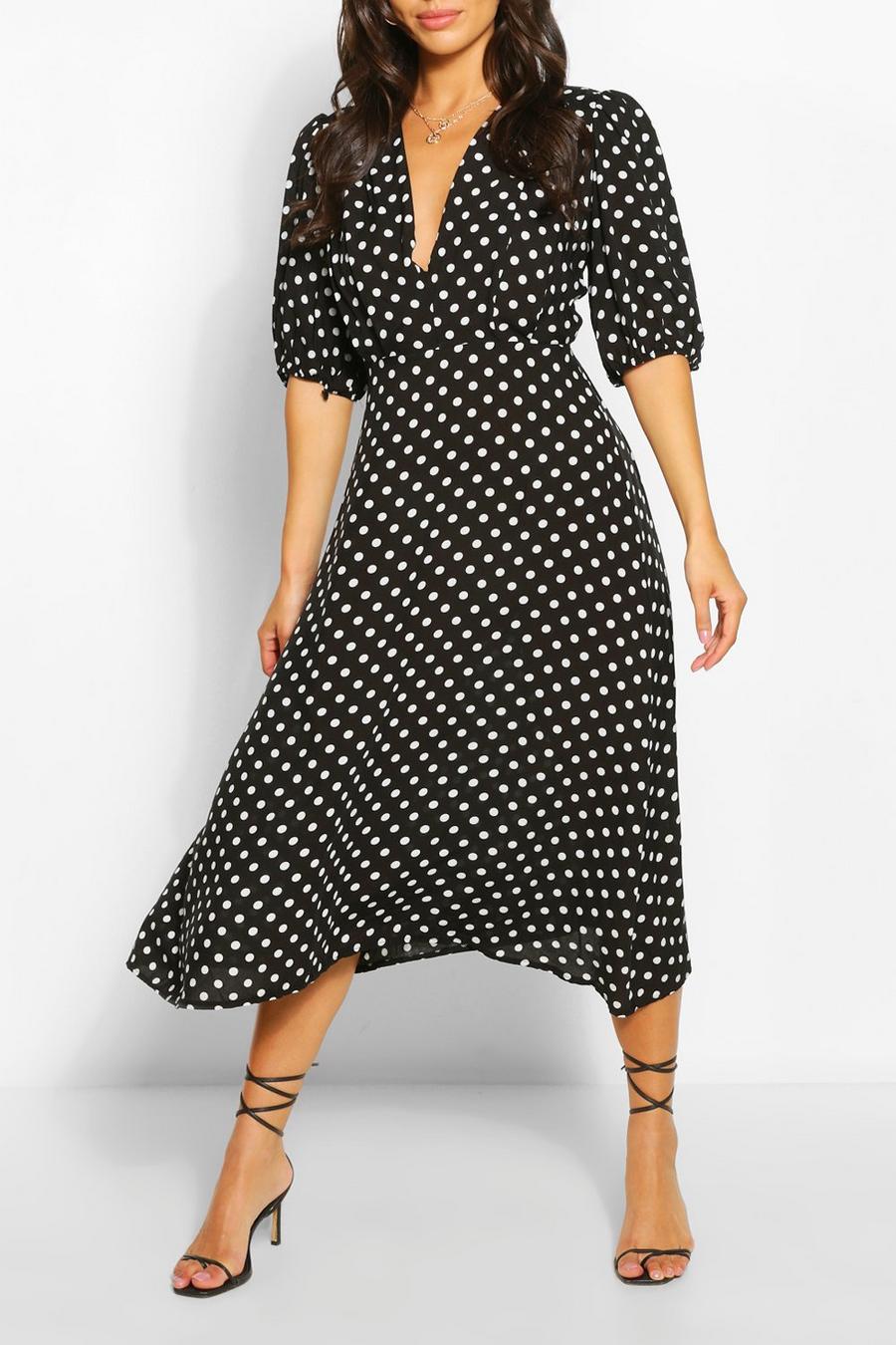 Black Petite Polka Dot Midi Dress image number 1