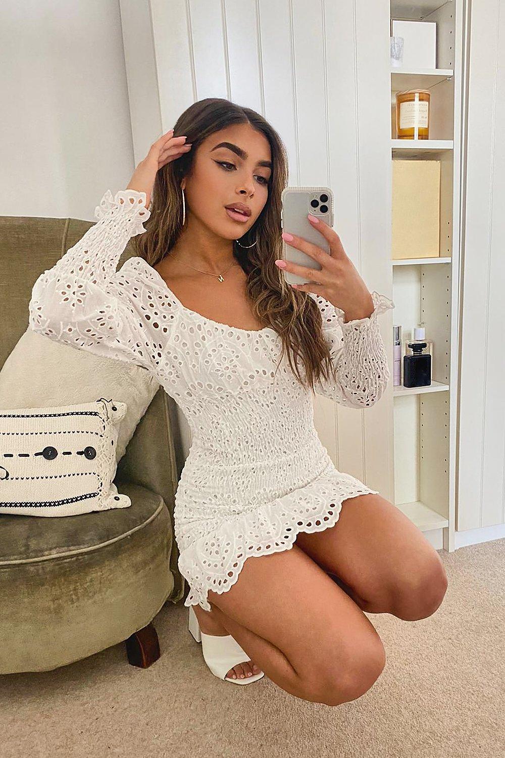 Women's Petite Broderie Shirred Volume Sleeve Mini Dress | Boohoo UK