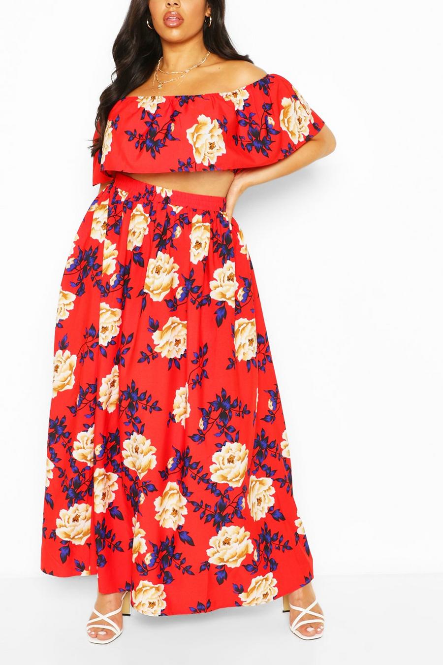Red Plus Floral Print Off Shoulder Maxi Skirt Co-ord image number 1