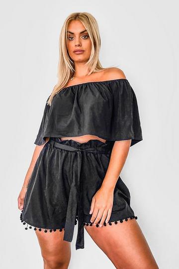 Plus Off Shoulder Pom Pom Shorts Co-ord black