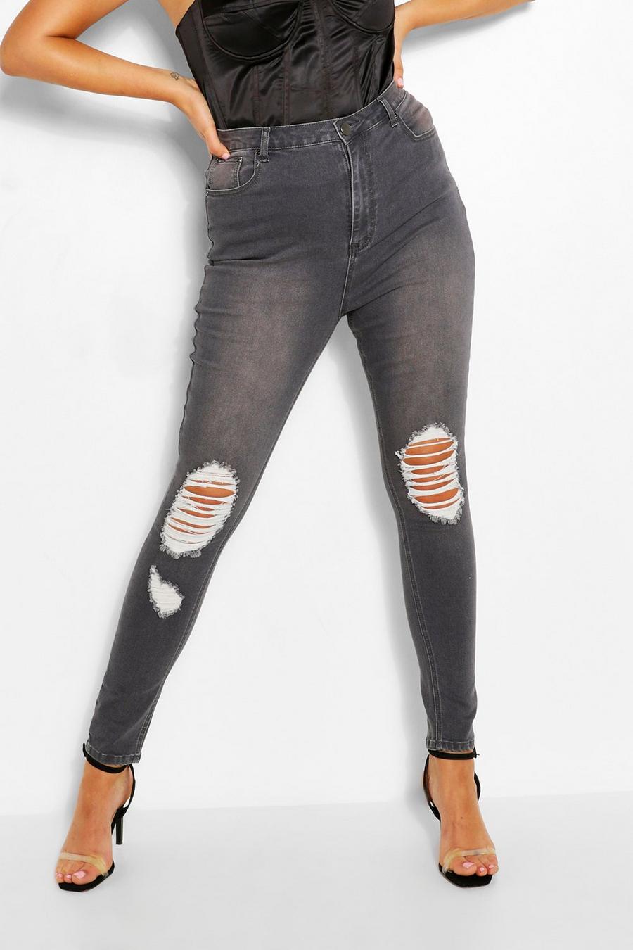 Plus - Skinny jeans med stretch och slitna knän image number 1