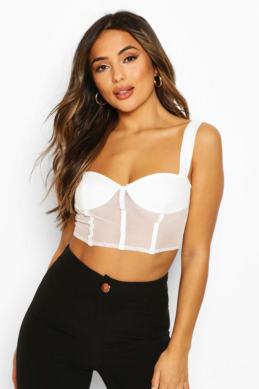 Ivory Petite Mesh Corset Style Crop Top image number 1