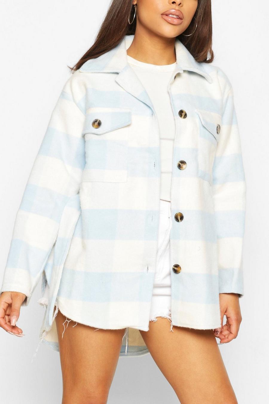 Blue Petite Check Belted Wool Look Shacket image number 1