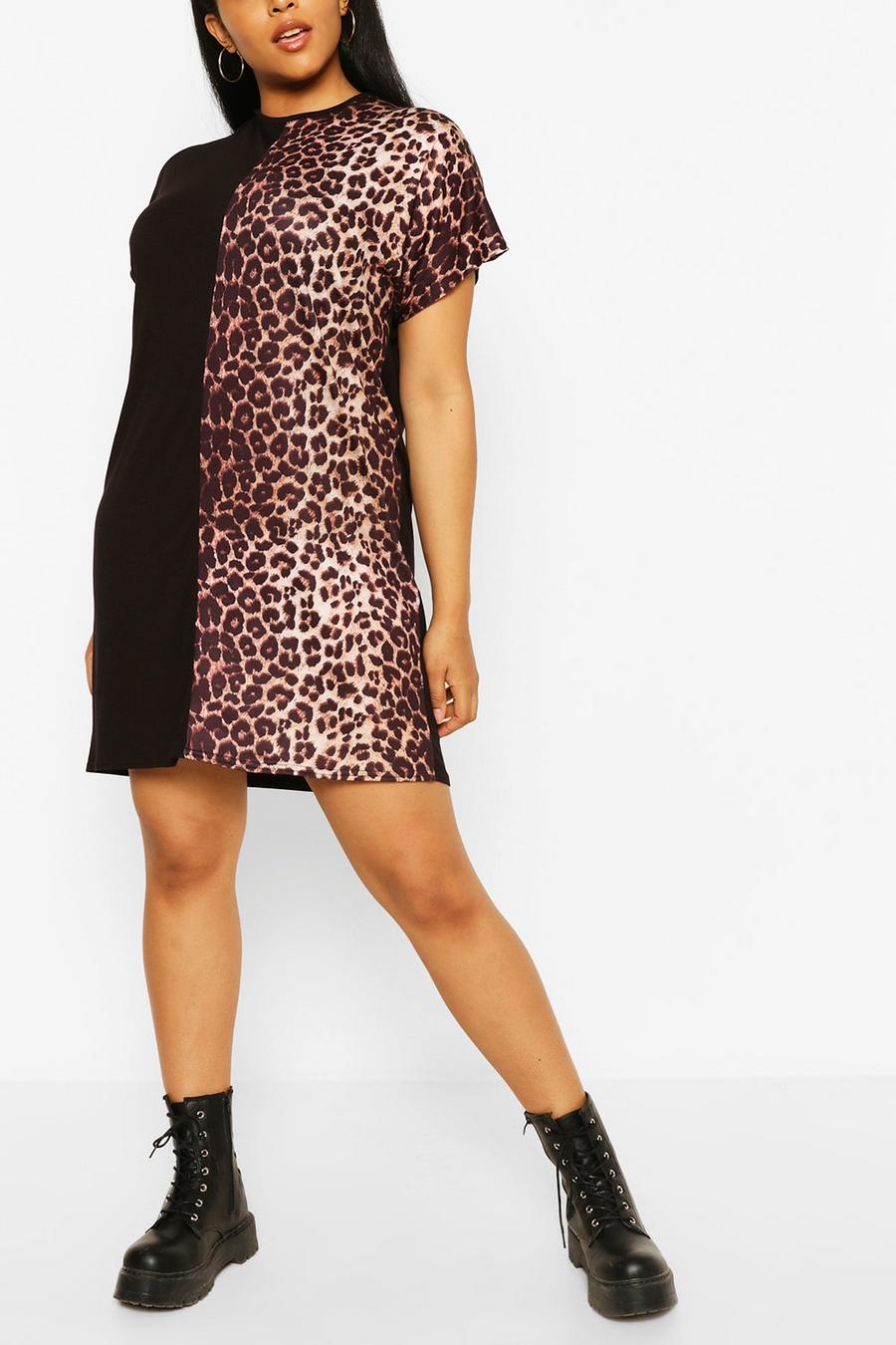 Plus Langärmeliges T-Shirt-Kleid mit Leoparden-Einsatz image number 1